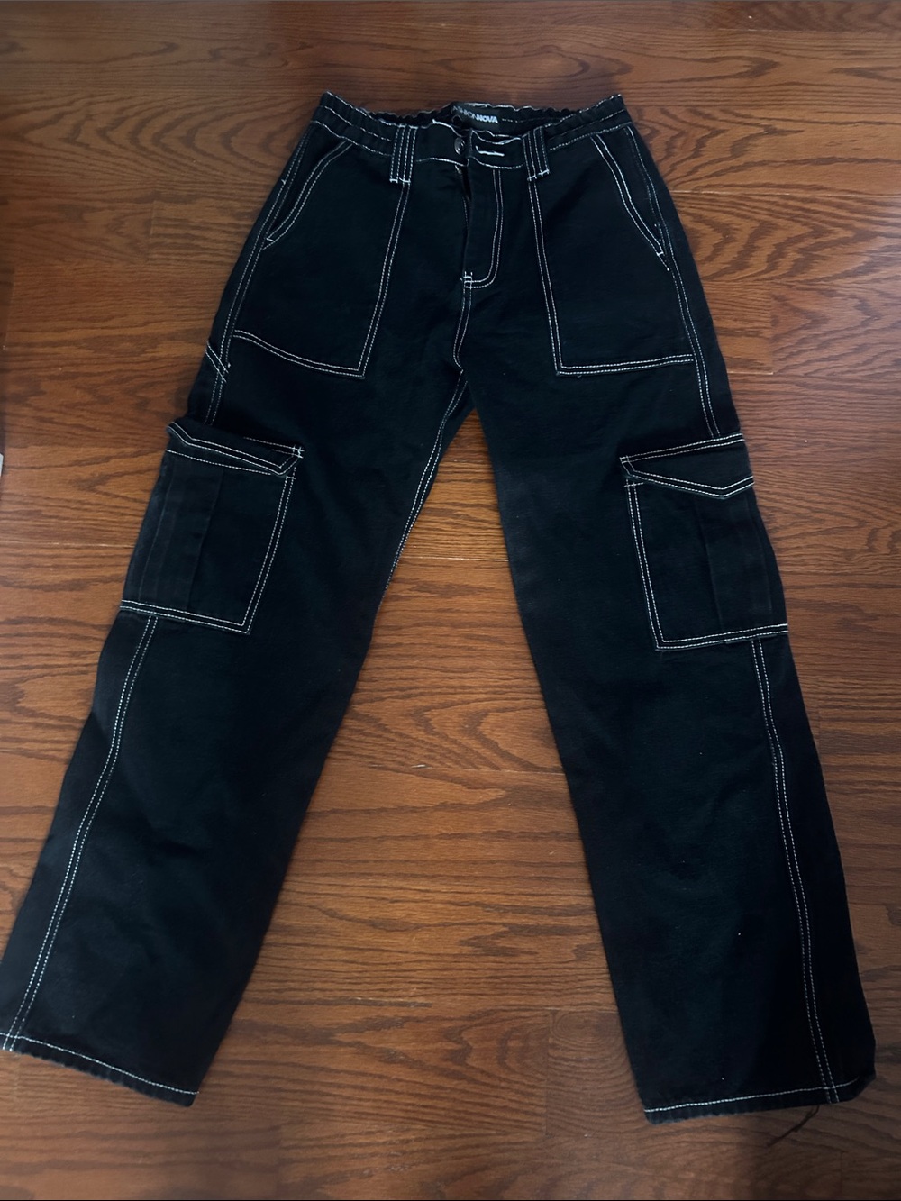 Fashion Nova Black Cargo Wide Leg Jeans with White Contrast Stitching